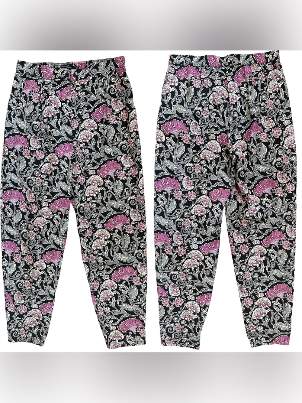 Gudrun Sjoden Pink Gray Black Abstract Floral Tapered Leg Cotton Trousers Medium